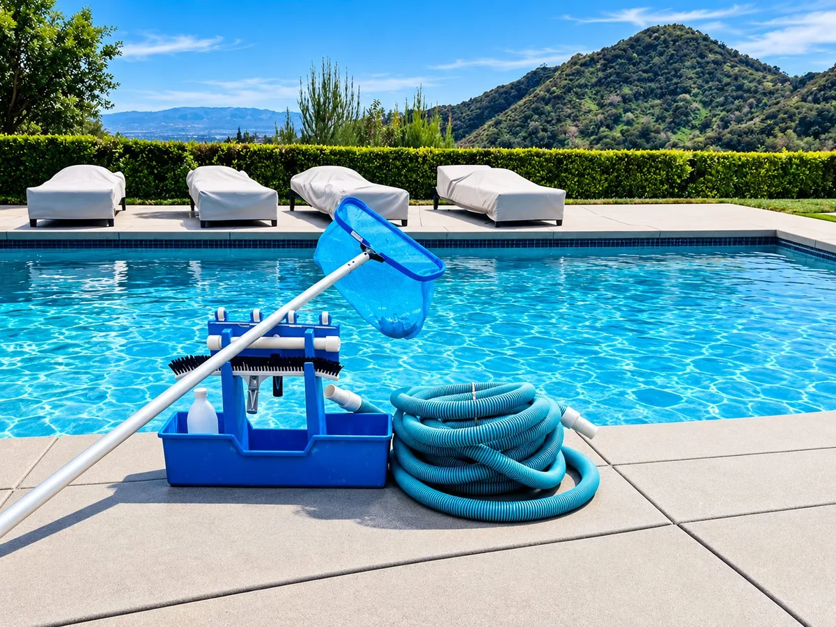 Pool cleaning equipment poolside with mountain views