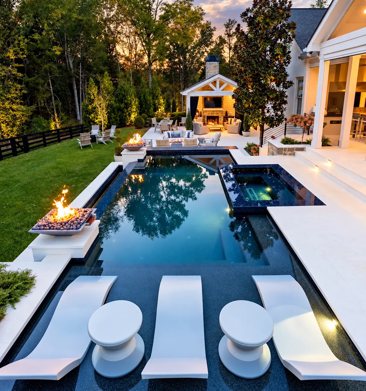 Backyard pool and spa with poolside loungers at sunset